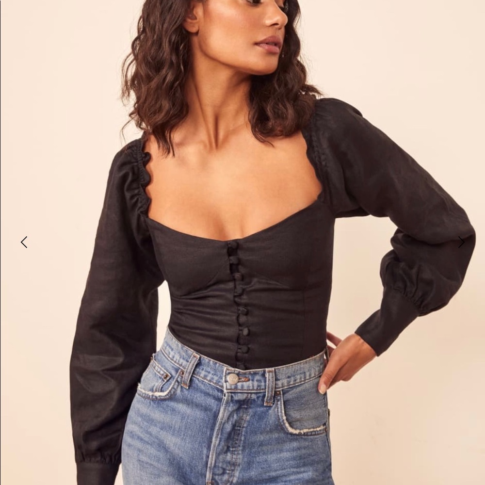 NEW Reformation Linen Hogan Black Long Sleeve Top